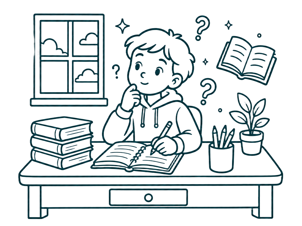 A child thinking at a desk