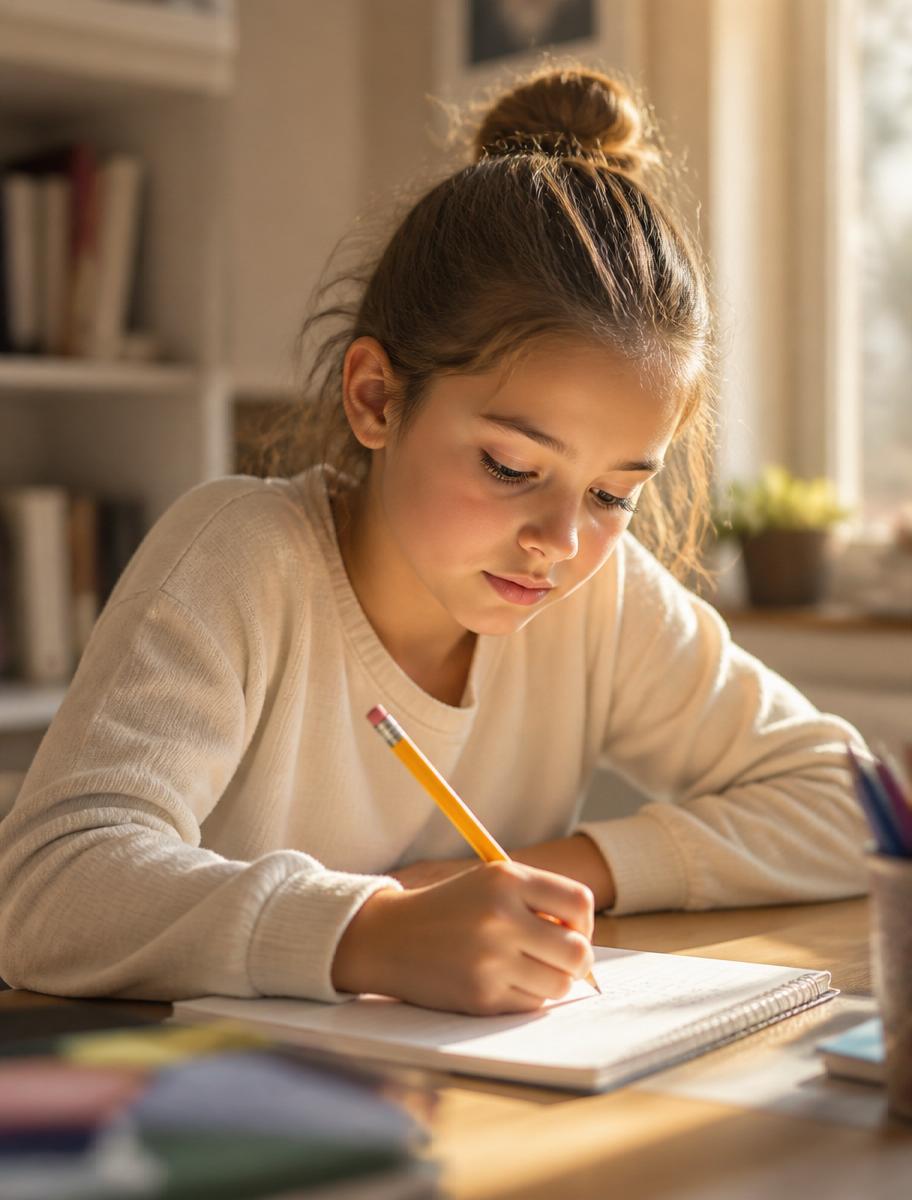 A child writing in a notebook at a sunlit desk